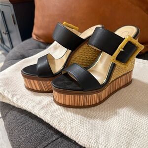 Stylish Black and Yellow Wedge Sandals